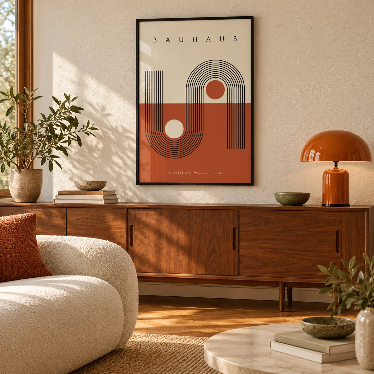 Terracotta Bauhaus Poster, framed on the wall of a mid-century living room