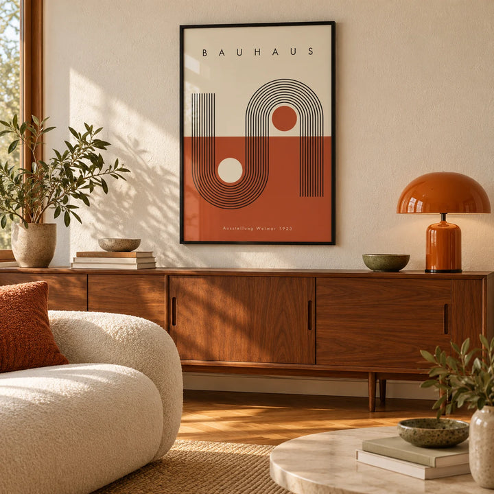 Terracotta Bauhaus Poster, framed on the wall of a mid-century living room