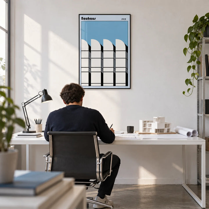 Bauhaus Architecture Art Poster, framed on the wall of an architect's studio with a white wall and a concrete floor in a home office