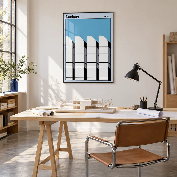 Bauhaus Architecture Art Poster, framed on the wall of an architect's studio with white walls and a polished concrete floor in a home office