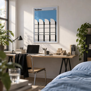 Bauhaus Architecture Art Poster, framed on the wall of an architecture student's room (18-22) with a white wall in a bedroom