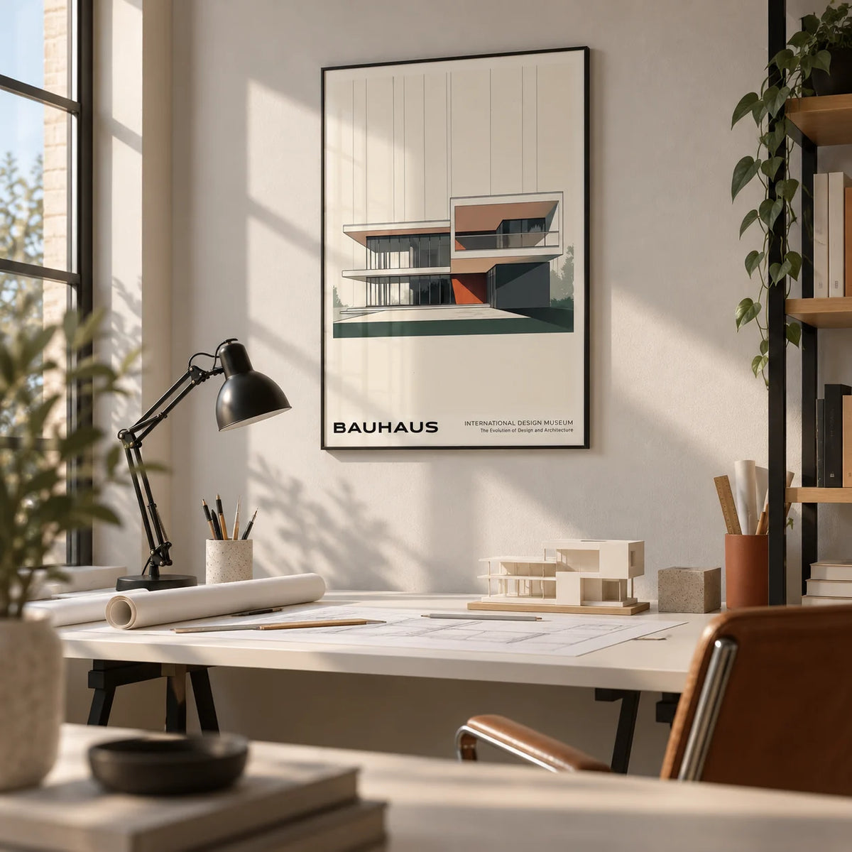 Bauhaus Architecture Poster, framed on the wall of a architect's home studio in a home office