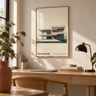 Bauhaus Architecture Poster, framed on the wall of a calm home office