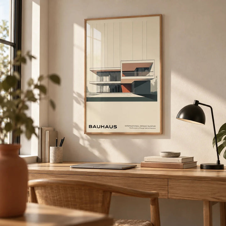 Bauhaus Architecture Poster, framed on the wall of a calm home office