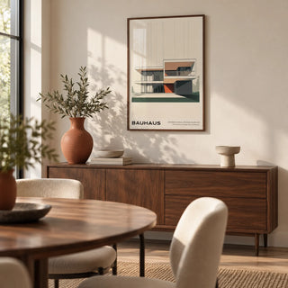 Bauhaus Architecture Poster, framed on the wall of a modern dining room