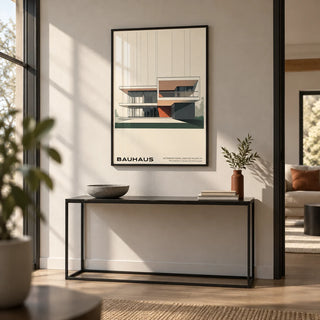 Bauhaus Architecture Poster, framed on the wall of a modern hallway