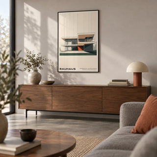 Bauhaus Architecture Poster, framed on the wall of a modern living room