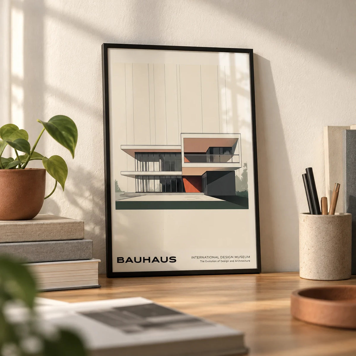 Bauhaus Architecture Poster, a small A4 framed print leaning on a desk