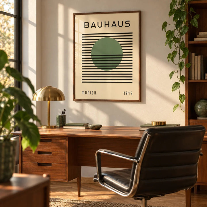 Bauhaus Art Poster, framed on the wall of a mid-century study