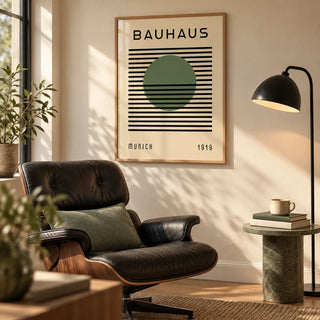 Bauhaus Art Poster, framed on the wall of a reading corner in a living room