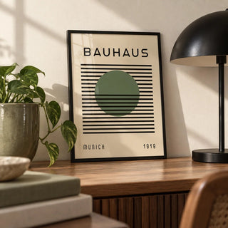 Bauhaus Art Poster, a small A4 framed print leaning on a desk