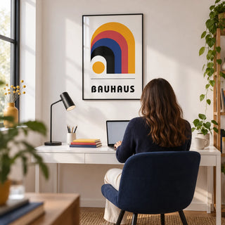 Bauhaus Art Posters, framed on the wall of a bright home office with a white wall