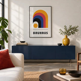 Bauhaus Art Posters, framed on the wall of a design-led city-flat living room with a white wall and polished concrete