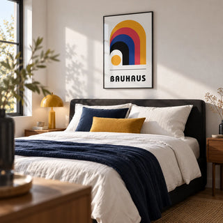Bauhaus Art Posters, framed on the wall of a modern bedroom with a white wall
