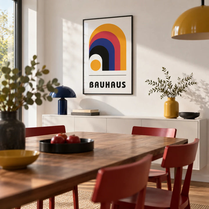 Bauhaus Art Posters, framed on the wall of a modern dining room with a white wall
