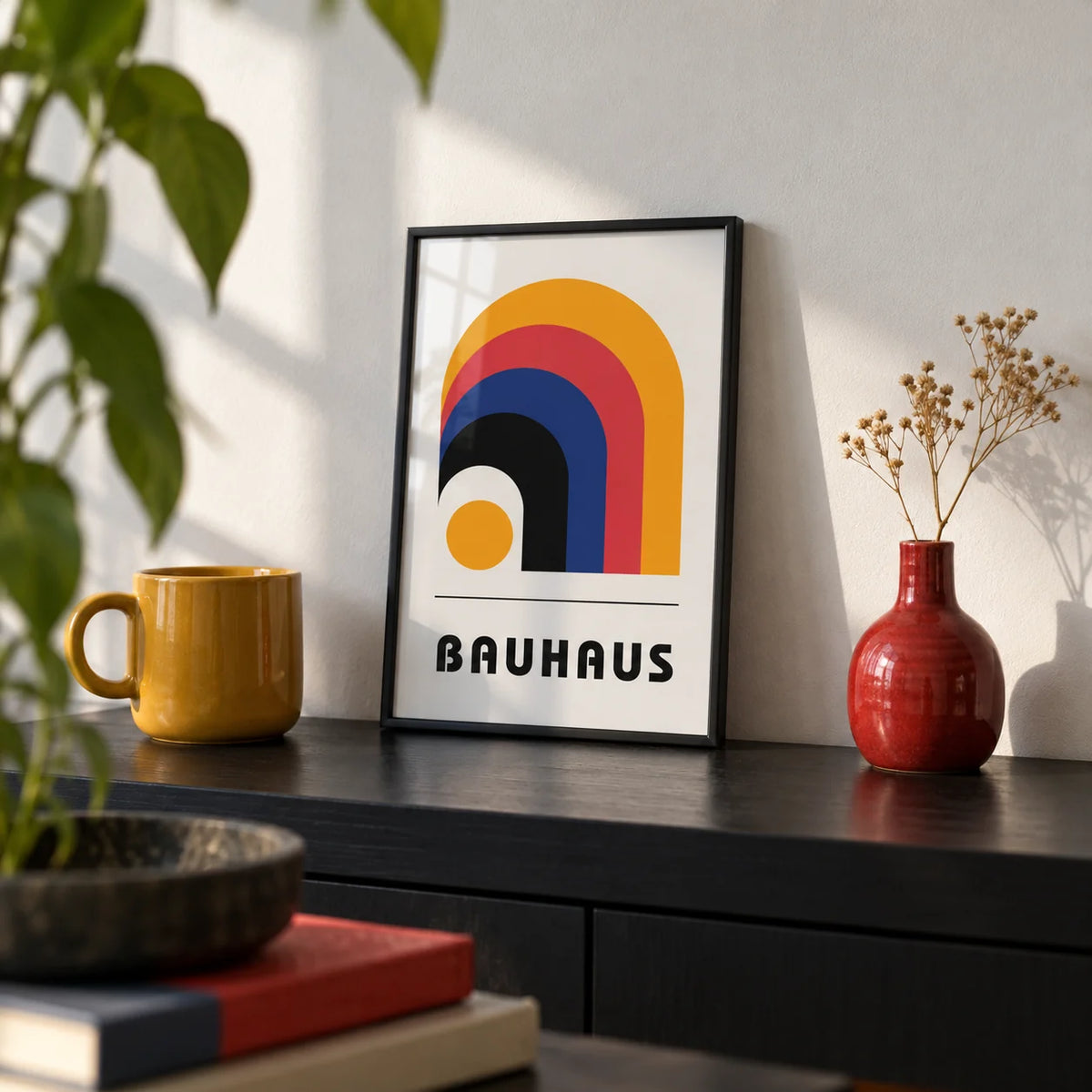 Bauhaus Art Posters, a small A4 framed print leaning on a black shelf in a living room