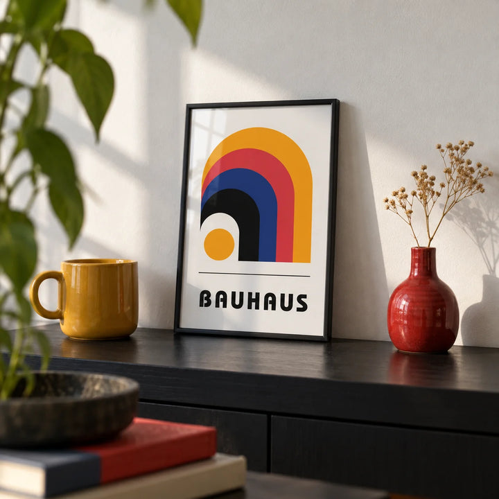 Bauhaus Art Posters, a small A4 framed print leaning on a black shelf in a living room