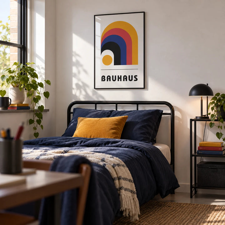 Bauhaus Art Posters, framed on the wall of a stylish single bedroom for a design-loving young adult (17-24) with a white wall
