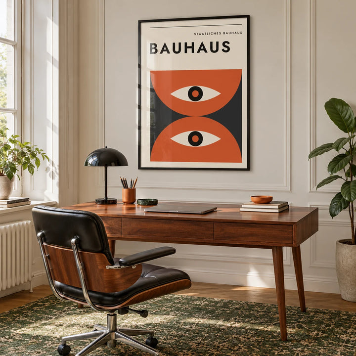 Bauhaus Art Print, framed on the wall of a calm home office with cream panelled walls and a vintage green rug