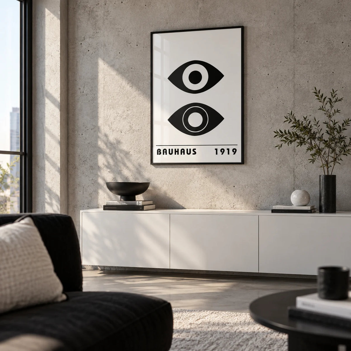Bauhaus Art Print, framed on the wall of a design-led city-flat living room with a concrete wall