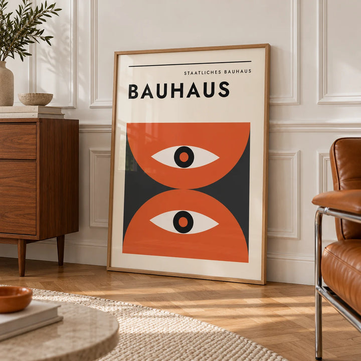 Bauhaus Art Print, framed on the wall of an elegant room with white panelled walls with classic mouldings and a herringbone oak floor in soft side light