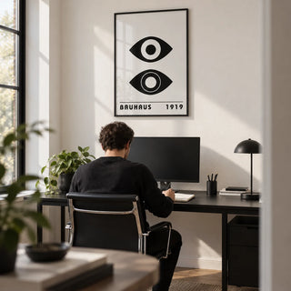 Bauhaus Art Print, framed on the wall of a minimal home office with a white wall