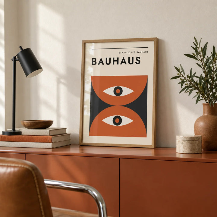 Bauhaus Art Print, a small A4 framed print leaning on a shelf