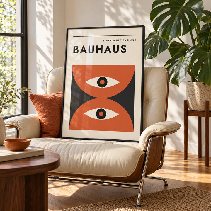 Bauhaus Art Print, framed on the wall of a sunny living room corner with a tall window