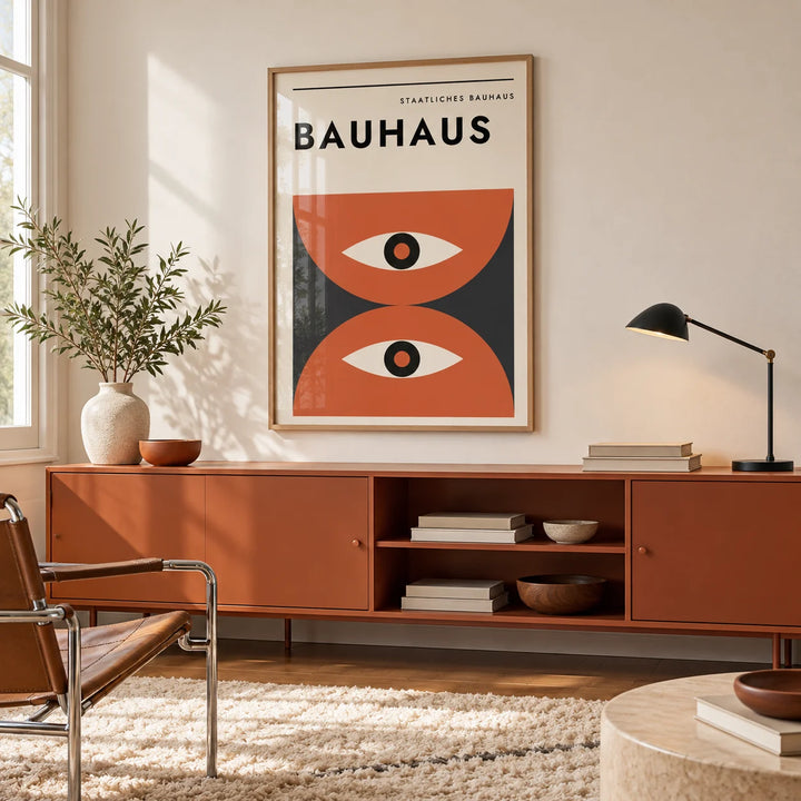 Bauhaus Art Print, framed on the wall of a warm minimal room with a cream wall and a shaggy cream rug in a home office