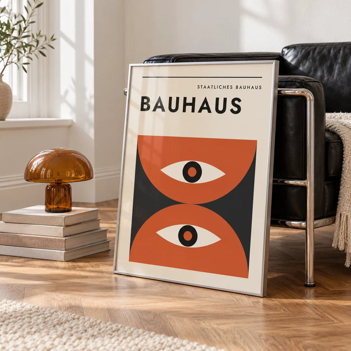 Bauhaus Art Print, framed on the wall of a white room corner with soft daylight and herringbone oak parquet in a living room