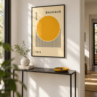 Bauhaus Art Prints, framed on the wall of a crisp hallway with a white wall