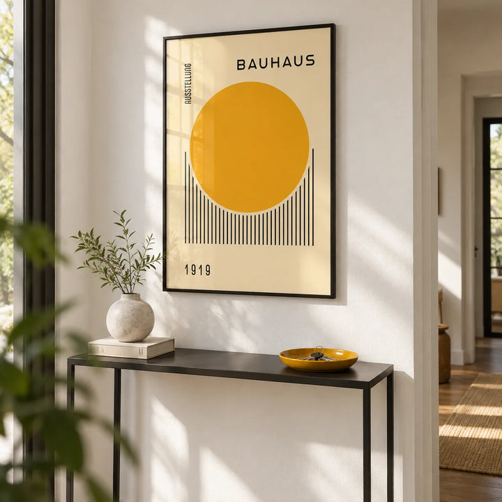 Bauhaus Art Prints, framed on the wall of a crisp hallway with a white wall