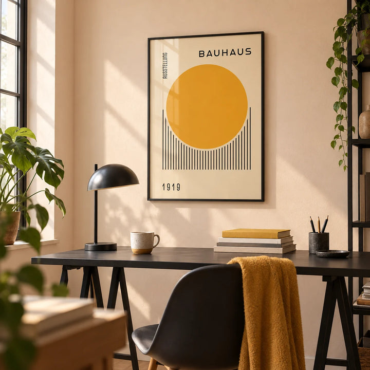 Bauhaus Art Prints, framed on the wall of a design studio corner with a pale peach painted wall in a home office
