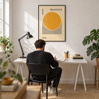 Bauhaus Art Prints, framed on the wall of a modern design-led home office with a white wall and a pale oak floor
