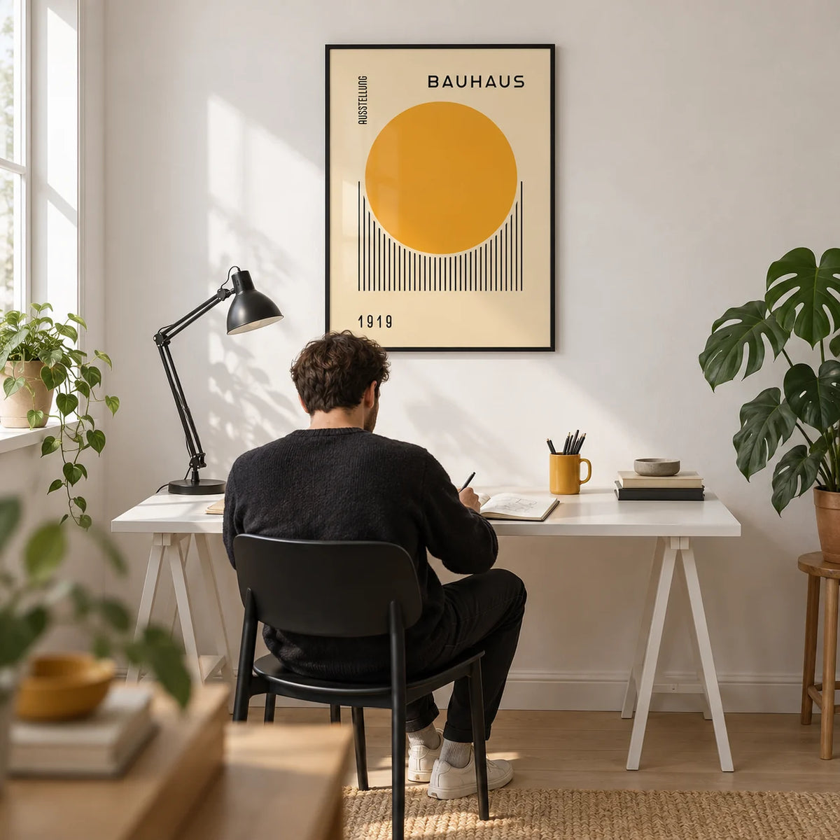 Bauhaus Art Prints, framed on the wall of a modern design-led home office with a white wall and a pale oak floor