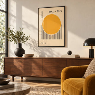 Bauhaus Art Prints, framed on the wall of a modernist living room with a warm white wall