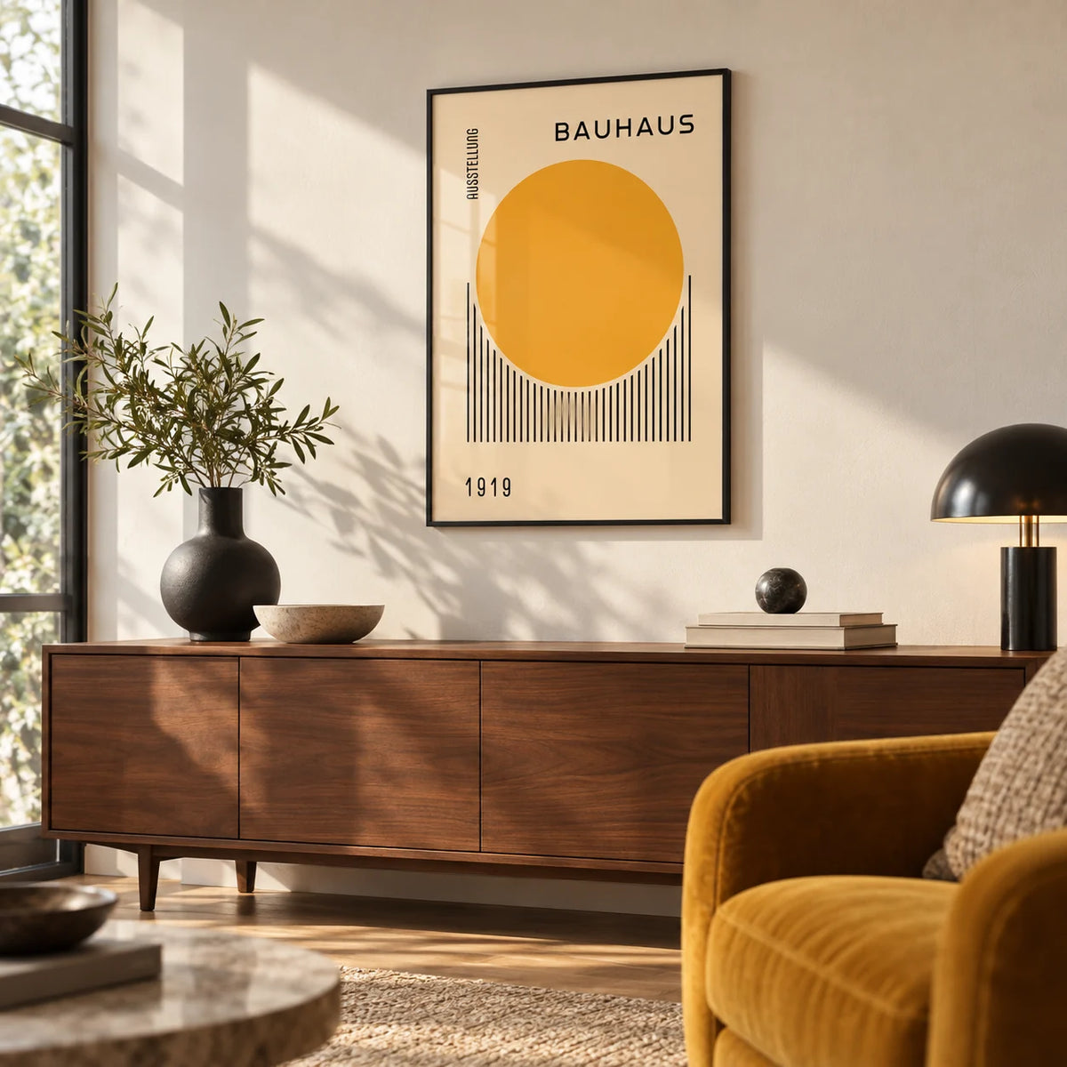 Bauhaus Art Prints, framed on the wall of a modernist living room with a warm white wall