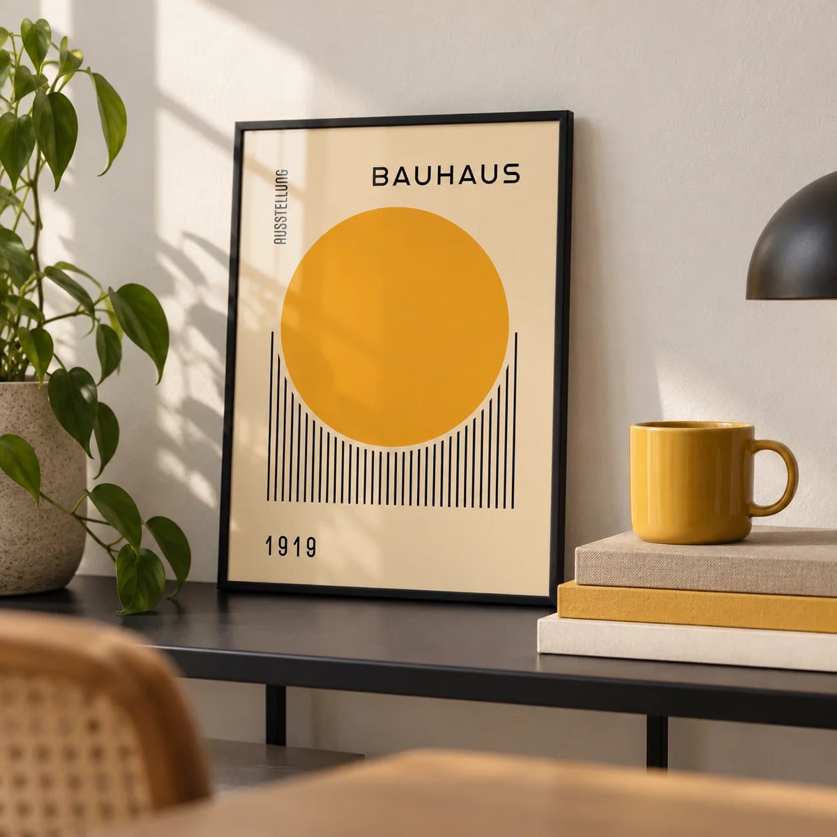 Bauhaus Art Prints, a small A4 framed print leaning on a black metal desk