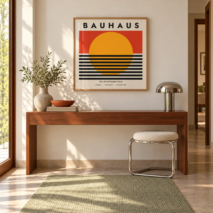 Bauhaus Artworks, framed on the wall of a bright hallway with a walnut side table