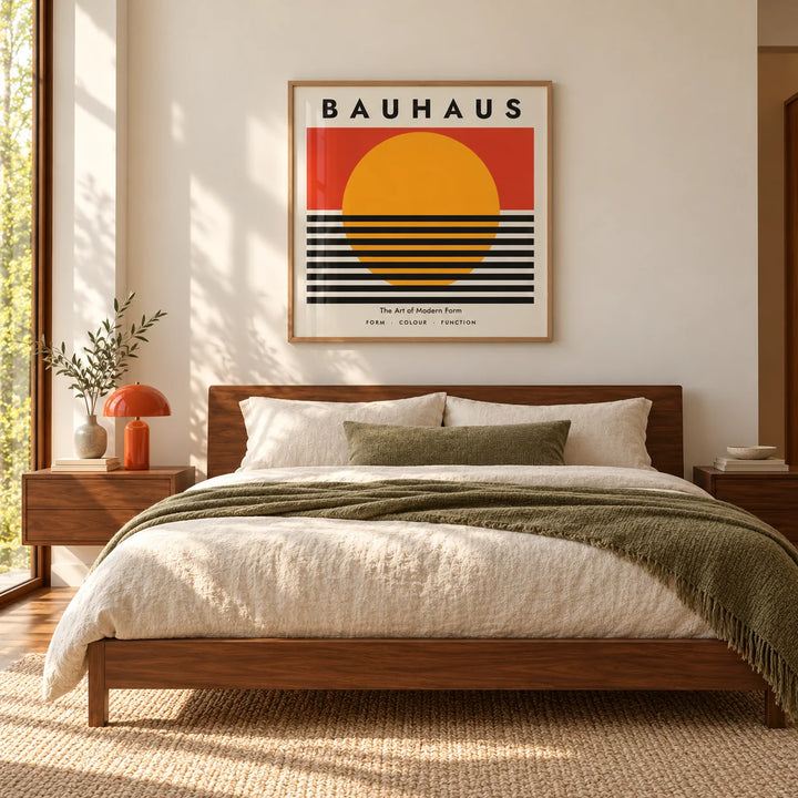 Bauhaus Artworks, framed on the wall of a calm bedroom with a walnut bed and an olive throw