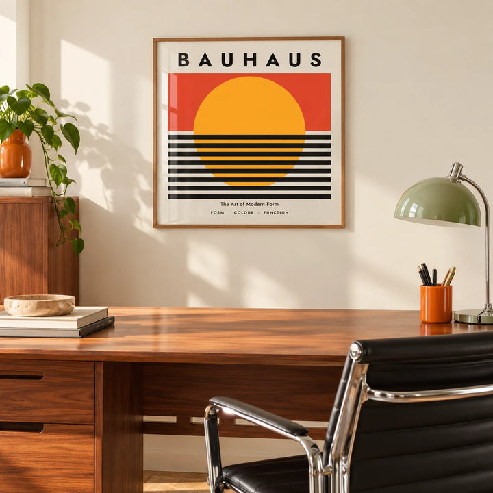Bauhaus Artworks, framed on the wall of a home office with a walnut desk and a black leather chair