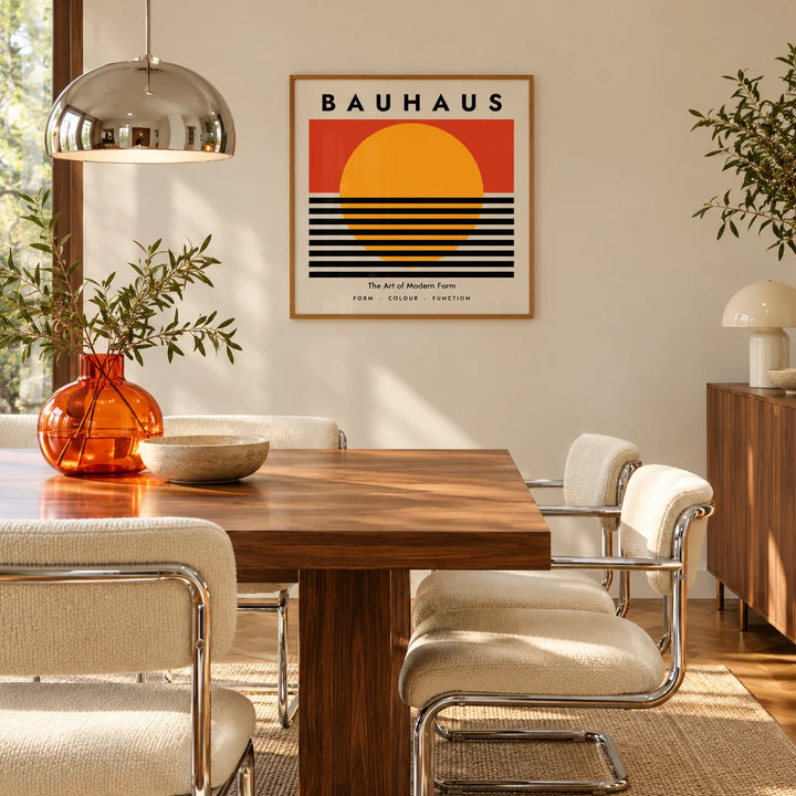 Bauhaus Artworks, framed on the wall of a mid-century dining room with a walnut table and chrome chairs