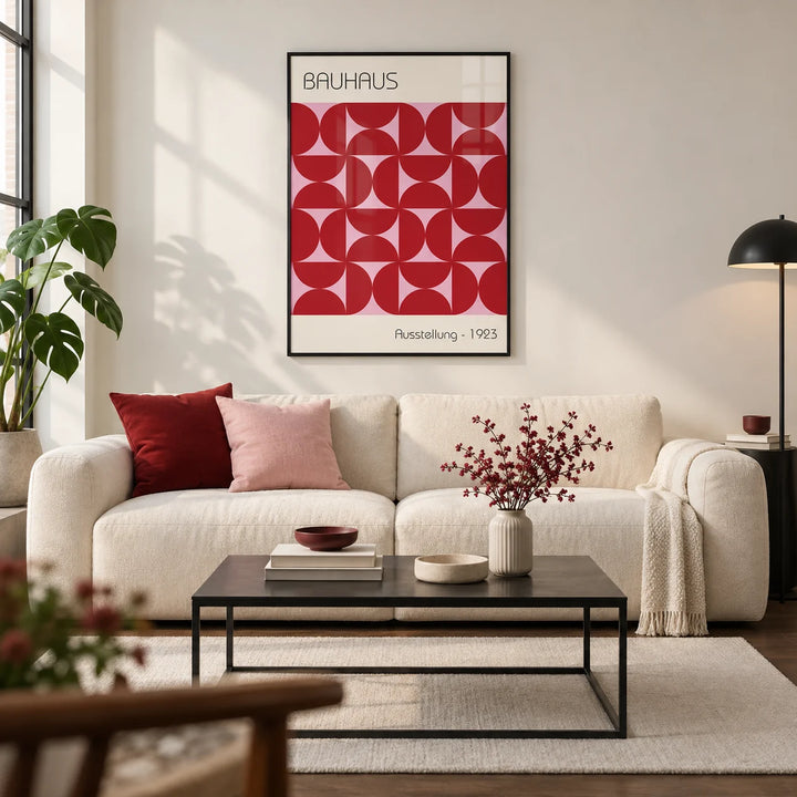 Bauhaus Artworks, framed on the wall of a modern living room in a UK city flat with an off-white wall