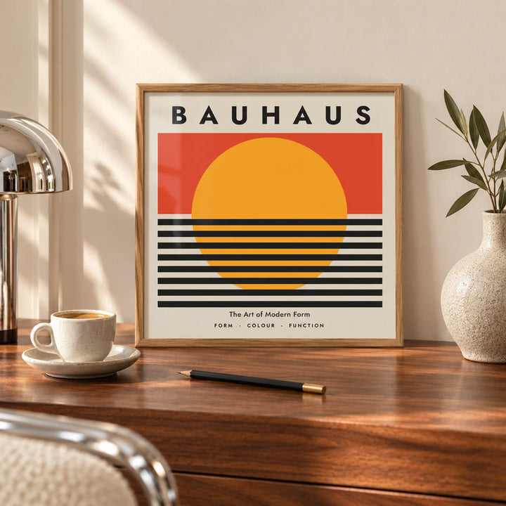 Bauhaus Artworks, a small A4 framed print leaning on a walnut desk