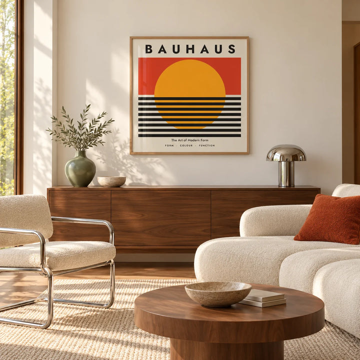 Bauhaus Artworks, framed on the wall of a warm mid-century living room with a cream boucle sofa and walnut sideboard