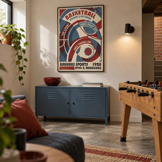 Bauhaus Basketball Art Print, framed on the wall of a compact basement games room in a UK terraced house with warm white walls and a polished concrete floor