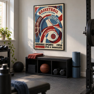 Bauhaus Basketball Art Print, framed on the wall of a compact home gym in a converted UK spare room with a pale grey wall and plain rubber flooring