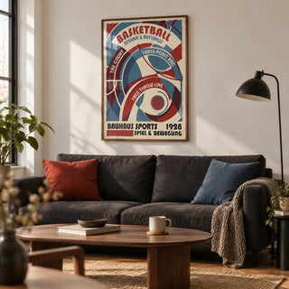 Bauhaus Basketball Art Print, framed on the wall of a design-led living room in a first city flat (22-28) with off-white walls and oak flooring