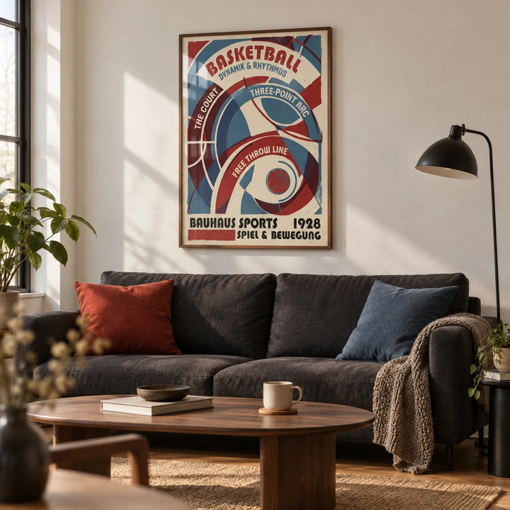 Bauhaus Basketball Art Print, framed on the wall of a design-led living room in a first city flat (22-28) with off-white walls and oak flooring
