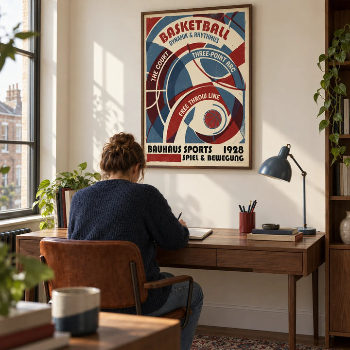 Bauhaus Basketball Art Print, framed on the wall of a modern home study in a UK city flat with a cream wall and walnut furniture